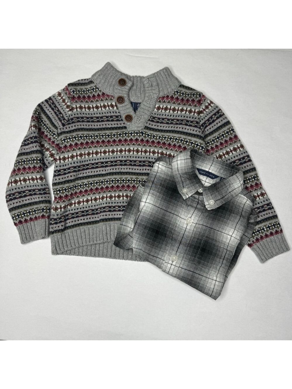 Janie and Jack Grey Heather Fair Isle Sweater Flannel Shirt Bundle